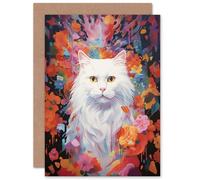 Artery8 Pure White Cat Lover Gift Pet Portrait Colourful Artwork Painting Sealed Greeting Card Plus Envelope Blank inside