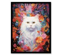 Artery8 Wall Art Print Pure White Cat Lover Gift Pet Portrait Colourful Artwork Painting Art Framed | Size: A4 Artery8 Multicolor A4