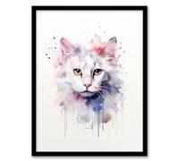 Artery8 Pure White Cat Lovers Gift Watercolour Pet Portrait Painting Artwork Artwork Framed Wall Art Print 18X24 Inch