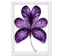 Wee Blue Coo Purple on White Six Clover Modern Simple Leaf Illustration Artwork Framed Wall Art Print A4