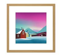 Artery8 Purple Sky Northern Lights Sweden Snow Mountain Lake Vibrant Sky Square Wooden Framed Wall Art Print Picture 8X8 Inch in Light Oak Artery8 Light Oak