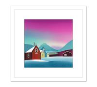 Artery8 Purple Sky Northern Lights Sweden Snow Mountain Lake Vibrant Sky Square Wooden Framed Wall Art Print Picture 8X8 Inch in White Artery8 White