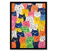 Artery8 Purring Pussycats No2 Happy Cats Illustration Bold Colourful Modern Pastel Art Print Framed Poster Wall Decor in Black | Size: W12" x H16" Artery8 Black W12" x H16"