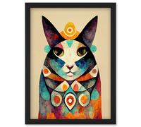 Artery8 Quirky Boho Abstract Modern Shaman Guru Cat Artwork Framed Wall Art Print A4 in Black Artery8 Black
