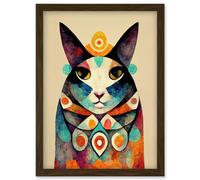 Wee Blue Coo Quirky Boho Abstract Modern Shaman Guru Cat Artwork Framed Wall Art Print A4