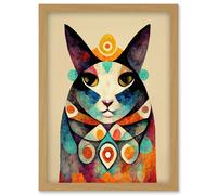 Quirky Boho Abstract Modern Shaman Guru Cat Artwork Framed Wall Art Print A4 Artery8 Light Oak One Size