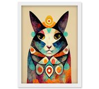 Artery8 Quirky Boho Abstract Modern Shaman Guru Cat Artwork Framed Wall Art Print A4 in White Artery8 White