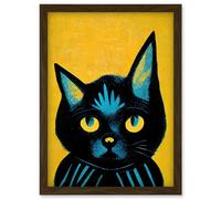 Artery8 Quirky Bold Black Cat Yellow Blue Artwork Framed Wall Art Print A4 in Brown Artery8 Brown