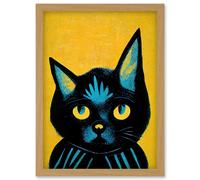 Artery8 Quirky Bold Black Cat Yellow Blue Artwork Framed Wall Art Print A4 in Light Oak Artery8 Light Oak