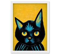 Artery8 Quirky Bold Black Cat Yellow Blue Artwork Framed Wall Art Print A4 in White Artery8 White