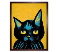 Artery8 Quirky Bold Black Cat Yellow Blue Home Decor 12x16" Framed Art Print in Brown | Size: W12" x H16" Artery8 Brown W12" x H16"