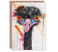 Artery8 Quirky Emu Bird Head Bright Abstract Painting Blank For Him Or Her Art Birthday Card