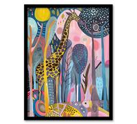 Artery8 Quirky Giraffe Folk Art Colourful Trees Painting Living Room Artwork Framed Wall Art Print A4