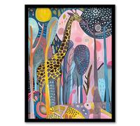 Artery8 Quirky Giraffe Folk Art Colourful Trees Painting Living Room Artwork Framed Wall Art Print 18X24 Inch