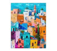 Artery8 Quirky Morocco Cityscape Oil Painting Colourful Wall Art Print in Blue | Size: W12" x H16" Artery8 Blue W12" x H16"