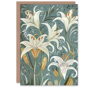 Artery8 Quirky White Lily Pattern Spring Flower Artwork Birthday Art Card in Blue Artery8 Blue