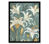Artery8 Quirky White Lily Pattern Spring Flower Artwork Framed Art Print in Blue | Size: A4 Artery8 Blue A4