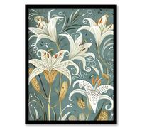 Artery8 Quirky White Lily Pattern Spring Flower Artwork Living Room Artwork Framed Wall Art Print 18X24 Inch