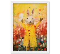 Artery8 Rabbit in a Yellow Rain Mac Oil Painting Bright Floral Meadow Kids Bedroom Nursery Artwork Framed Wall Art Print A4