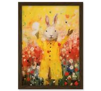 Artery8 Rabbit in a Yellow Rain Mac Oil Painting Bright Floral Meadow Kids Bedroom Nursery Artwork Framed A3 Wall Art Print