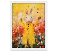 Artery8 Rabbit in a Yellow Rain Mac Oil Painting Bright Floral Meadow Kids Bedroom Nursery Artwork Framed A3 Wall Art Print