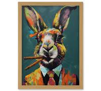 Artery8 Rabbit with Cheroot Cigars Wearing Suit Modern Artwork Framed Wall Art Print A4 in Light Oak Artery8 Light Oak