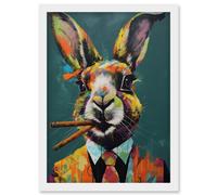 Artery8 Rabbit with Cheroot Cigars Wearing Suit Modern Artwork Framed Wall Art Print A4 in White Artery8 White