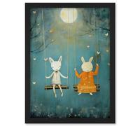 Artery8 Rabbits on a Swing with Moonlit Butterflies Calming Baby Nursery Artwork Framed A3 Wall Art Print