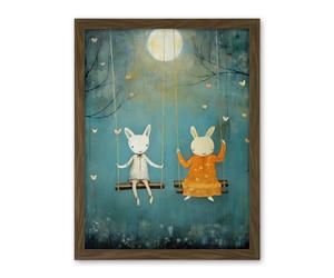 Artery8 Rabbits on a Swing with Moonlit Butterflies Calming Baby Nursery Artwork Framed Wall Art Print 18X24 Inch