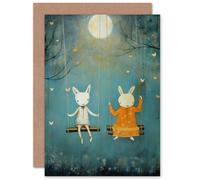 Artery8 Rabbits on a Swing with Moonlit Butterflies for Child Children Kids Birthday Thank You Congratulations Blank Art Greeting Card