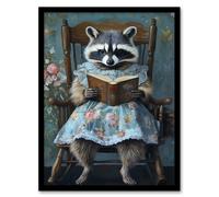 Artery8 Raccoon Mama in Floral Dress Reading Bedtime Story Framed Art Print in Blue | Size: A4 Artery8 Blue A4