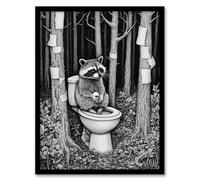 Artery8 Raccoon on Toilet in Forest Black White Surreal Bathroom Toilet Artwork Framed Wall Art Print 18X24 Inch