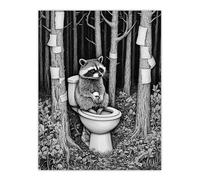 Artery8 Raccoon on Toilet in Forest Black White Surreal Bathroom Toilet Large Wall Art Poster Print Thick Paper 18X24 Inch