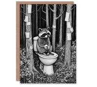 Artery8 Greeting Card Raccoon on Toilet in Forest Black White Surreal Blank For Him Or Her Art Birthday Card