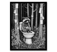 Artery8 Raccoon on Toilet in Forest Black White Surreal Framed Art Print in Grey | Size: A4 Artery8 Grey A4