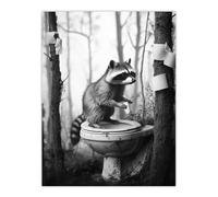 Artery8 Raccoon Playing Forest Toilet Black White Surreal Bathroom Toilet Extra Large XL Wall Art Poster Print