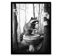 Artery8 Raccoon Playing Forest Toilet Black White Surreal Framed Art Print in Grey | Size: W12" x H16" Artery8 Grey W12" x H16"