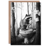 Artery8 Raccoon Playing Forest Toilet Black White Surreal Greeting Card in Grey Artery8 Grey