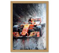 Race Car and Driver Grand Prix Orange and Grey Artwork Framed Wall Art Print A4 Artery8 Light Oak One Size