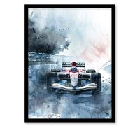 Artery8 Race Car Modern Watercolour Racetrack Action Shot Framed Art Print in Blue | Size: A4 Artery8 Blue A4