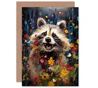 Artery8 Racoon Romp Wildflower Meadow Quirky for Him or Her Man Woman Birthday Thank You Congratulations Blank Art Greeting Card