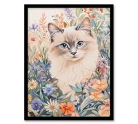 Artery8 Ragdoll Cat Lover Floral Pet Portrait Watercolour Living Room Artwork Framed Wall Art Print A4