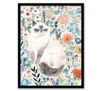 Artery8 Ragdoll Cat Lover Pet and Watercolour Wildflowers Living Room Artwork Framed Wall Art Print A4
