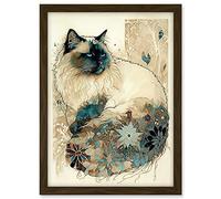 Artery8 Ragdoll Cat with Floral Pattern Tail Modern Watercolour Illustration Artwork Framed A3 Wall Art Print