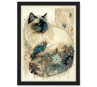 Artery8 Ragdoll Cat with Floral Pattern Tail Modern Watercolour Illustration Artwork Framed A3 Wall Art Print