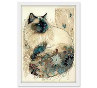 Artery8 Ragdoll Cat with Floral Pattern Tail Modern Watercolour Illustration Artwork Framed A3 Wall Art Print