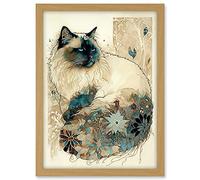 Artery8 Ragdoll Cat with Floral Pattern Tail Modern Watercolour Illustration Artwork Framed A3 Wall Art Print