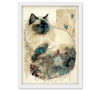 Artery8 Ragdoll Cat with Floral Pattern Tail Modern Watercolour Illustration Artwork Framed Wall Art Print A4