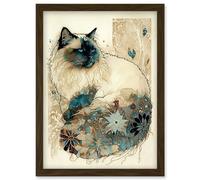 Artery8 Ragdoll Cat with Floral Pattern Tail Modern Watercolour Illustration Artwork Framed Wall Art Print A4
