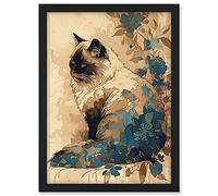 Artery8 Ragdoll Cat with Floral Patterns Watercolour Illustration Artwork Framed A3 Wall Art Print
